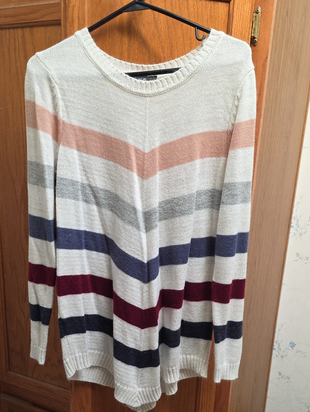 AGB Cream Scoop Neck Sweater with Blush, Gray, Navy & Burgundy Stripes